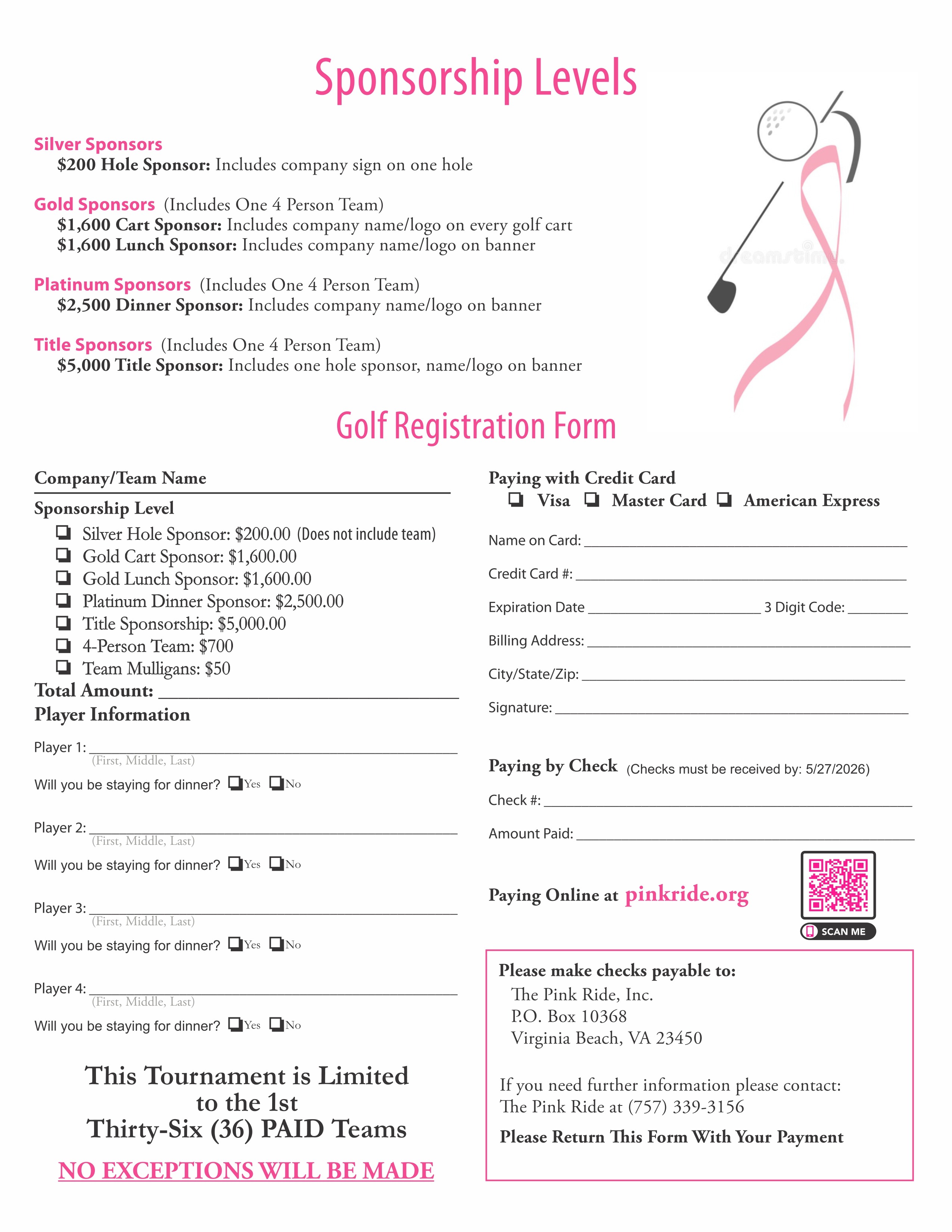 2026 Pink Ride golf tournament flyer (back)
